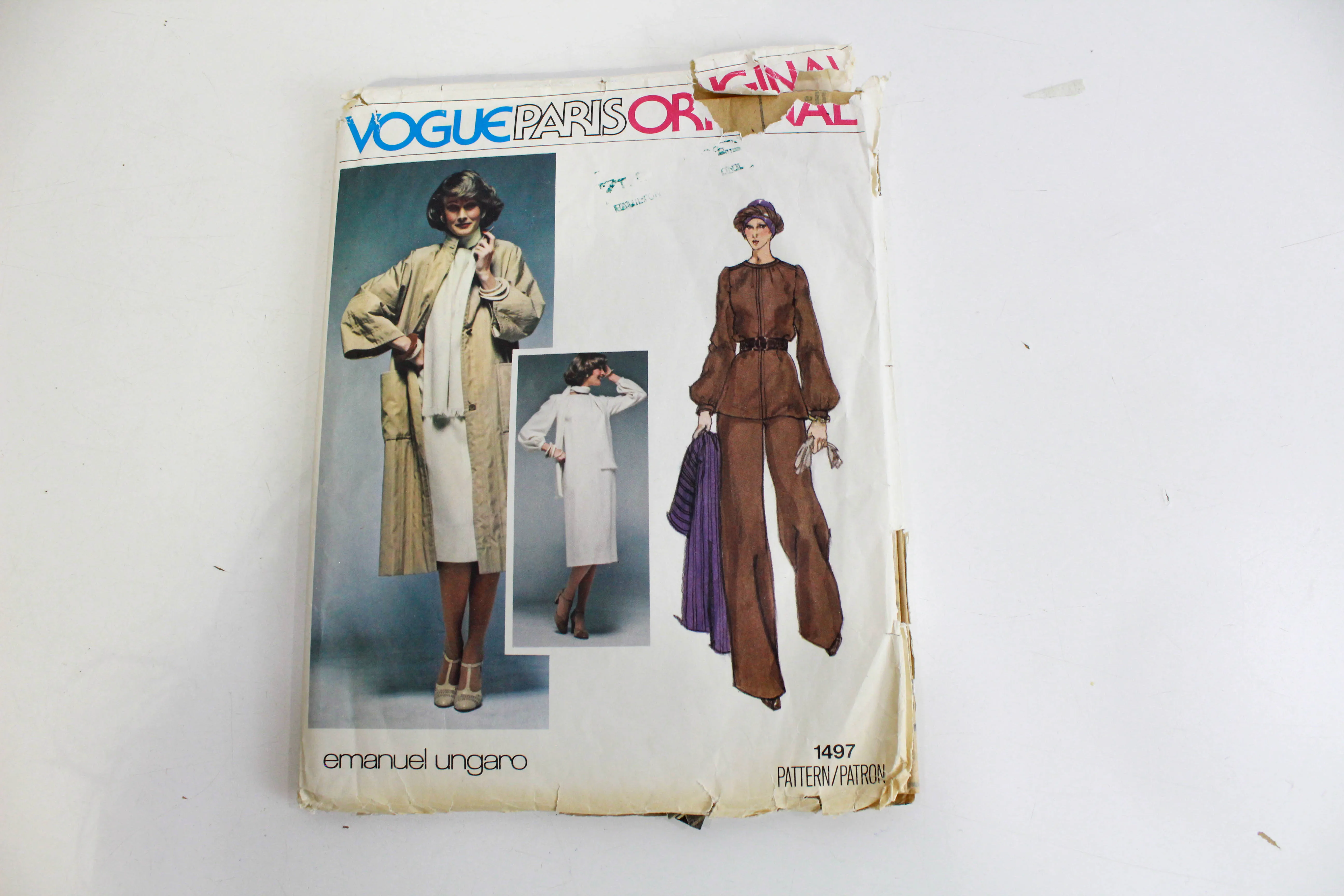 1970s Vogue Paris Original Sewing Pattern 1497, Emanuel Ungaro, Coat, Dress, Top, Pants and Scarf, Bust 34, Complete