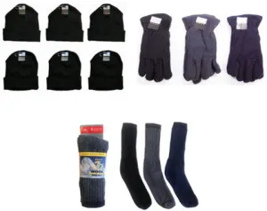 adult cuffed knit hats, men's fleece gloves, and wool blend socks combo Case of 180