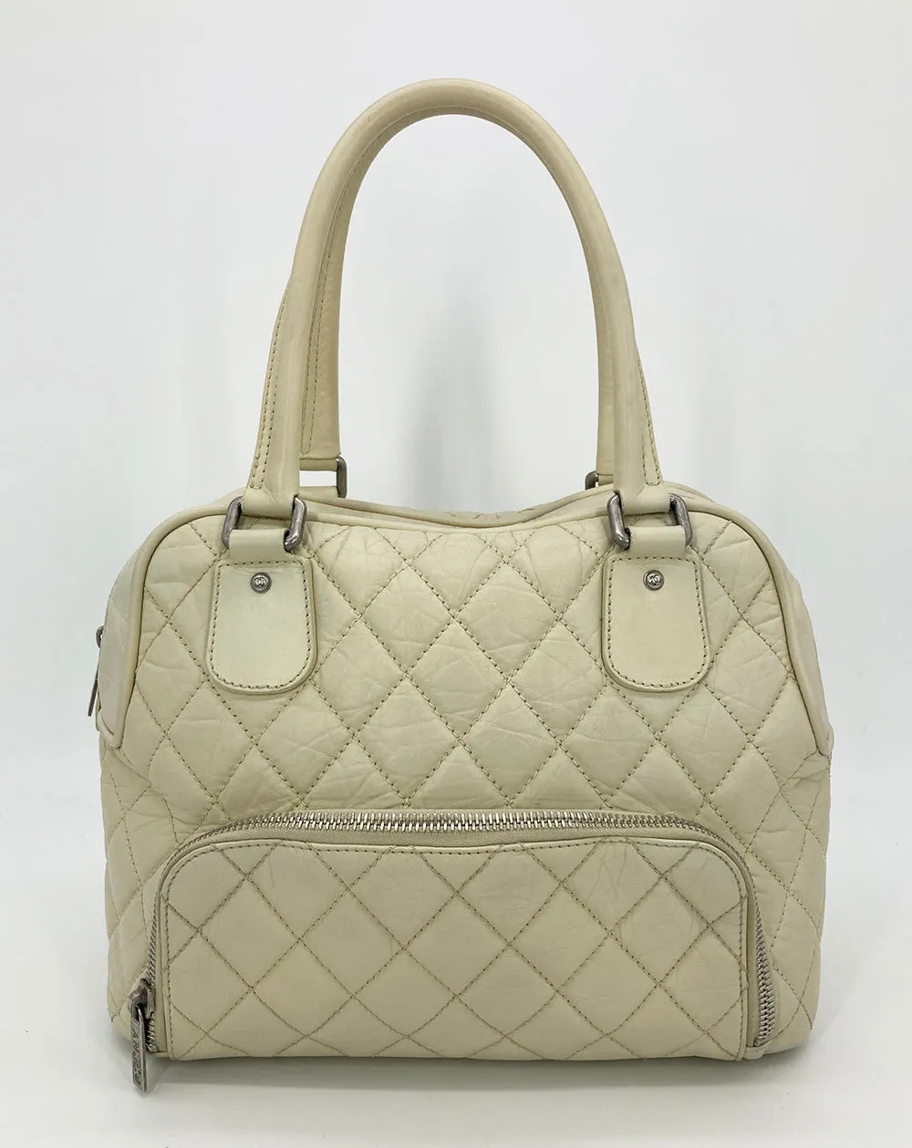 Chanel Paris New York Cream Distressed Bowling Tote