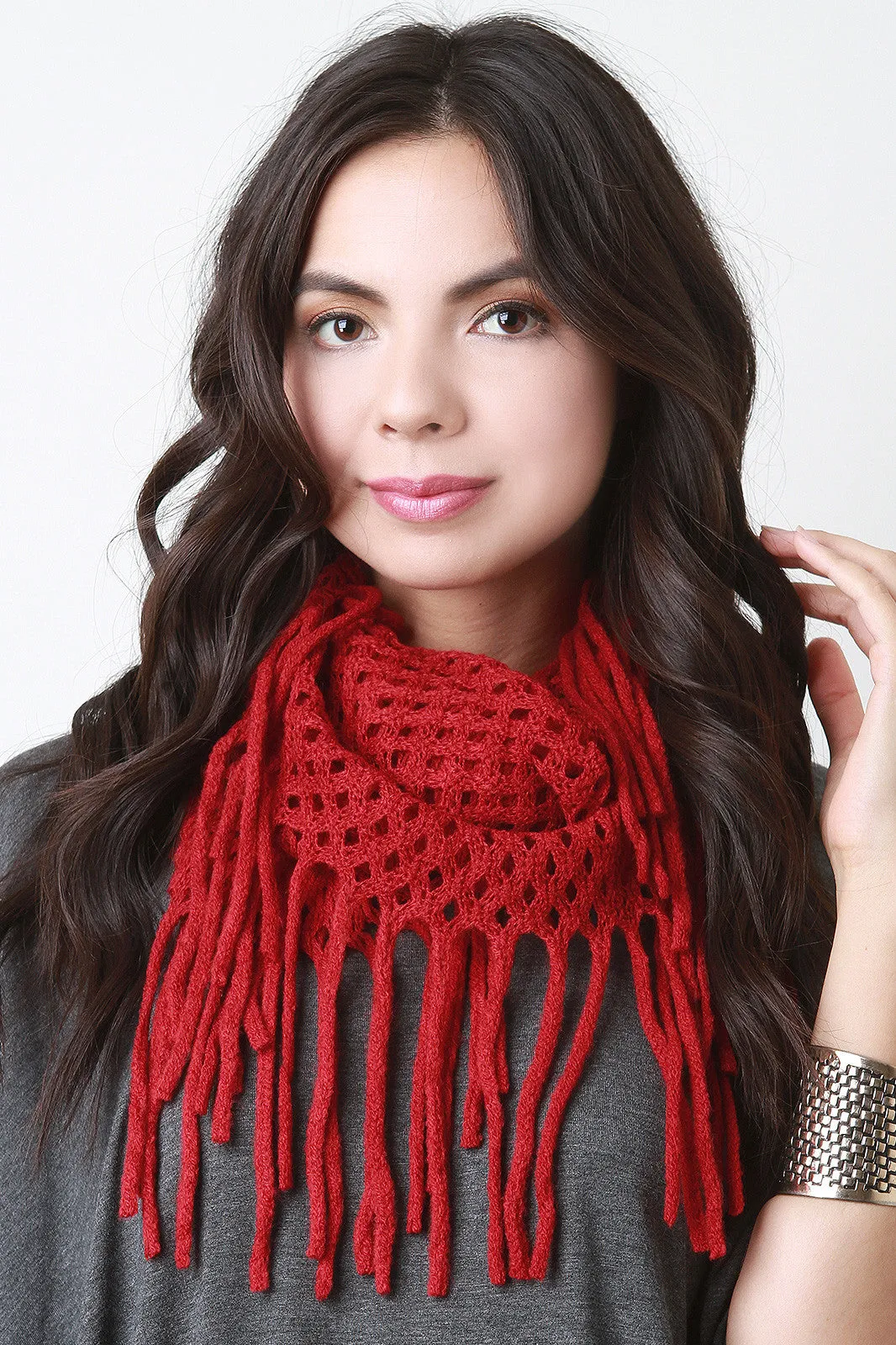 Diamond Knit Fringe Infinity Scarf