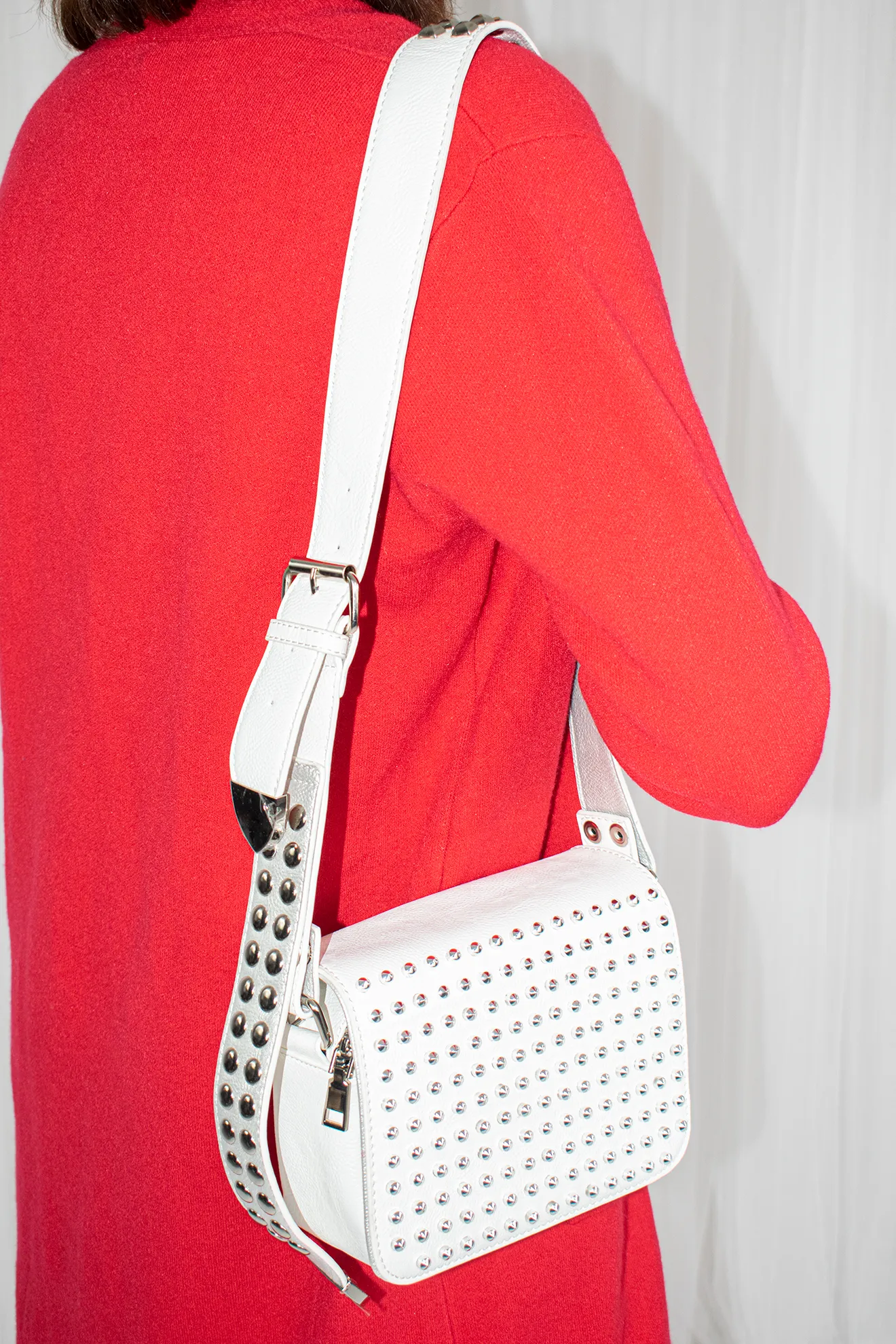 Studded All Over Adjustable Strap Bag in White